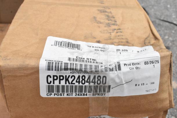 Cardboard box with label showing product details for CP Post Kit, 24x84, 20.320 lbs. Date: 03/26/25.