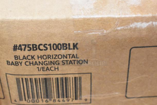 Box labeled #475BCS100BLK Lavex Black Horizontal Baby Changing Station, 1 each, with barcode visible.