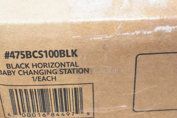 "Box label of 475BCS100BLK Lavex Black Horizontal Wall-Mounted Baby Changing Station, 1 each, with barcode visible."