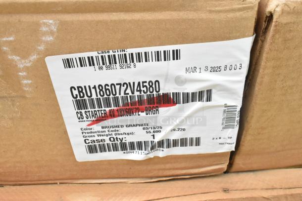 Cardboard box with a label showing CB Starter in brushed graphite. Includes product dimensions and March 2025 date.