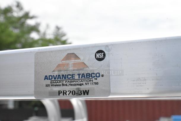 Advance Tabco PR20-3W pan rack label detail, NSF certified, scratch and dent condition, on commercial casters.