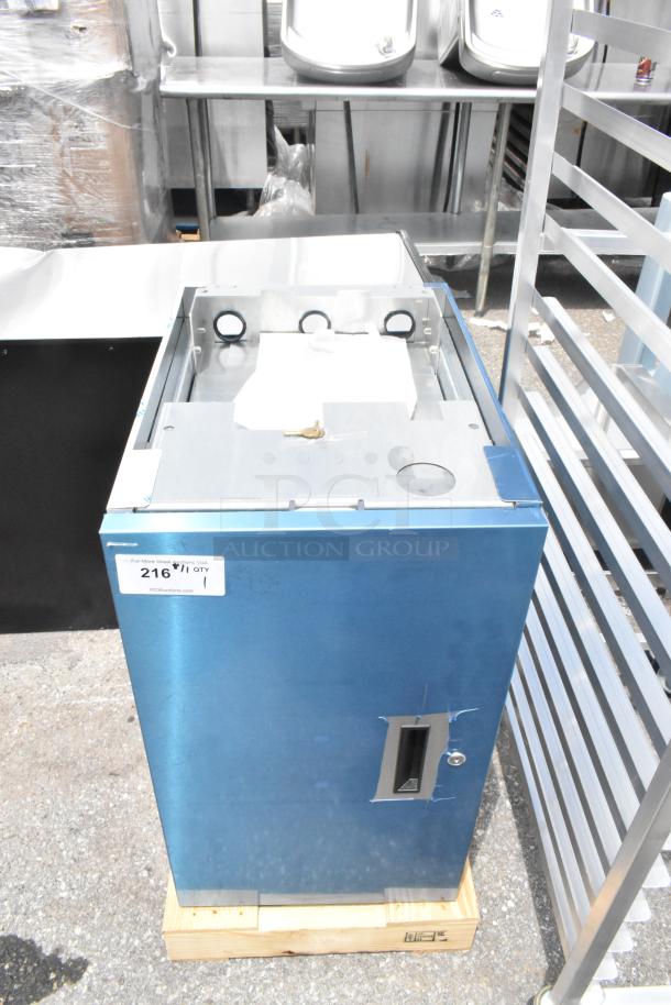 BRAND NEW 2024 Hoshizaki SD-271 stainless steel ice machine stand, scratch and dent, with lockable door and visible label.