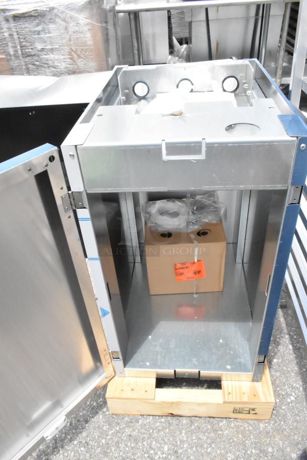 BRAND NEW 2024 Hoshizaki SD-271 stainless steel ice machine and water dispenser stand, lockable door, visible packaging inside.