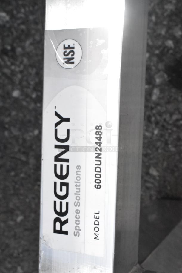 Brand new Regency 600DUN24488 aluminum dunnage rack, 48" x 24" x 8", 1780 lb. capacity. NSF certified, minor dents.