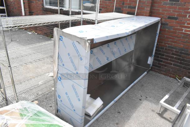 Clark 8' stainless steel steam hood, new with minor scratches and dents, protective Novacel wrap visible.
