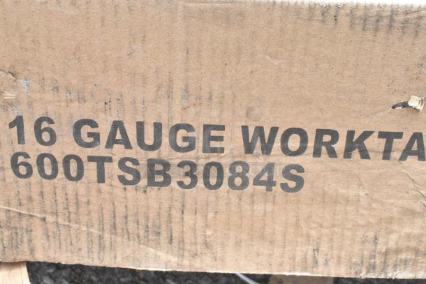 Label on packaging for 16-gauge Regency 600TSB3084S work table. Includes model number and material gauge details.