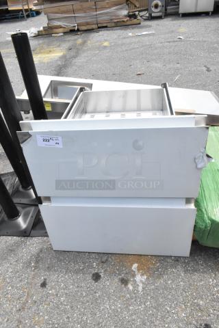 Clark stainless steel drawers, new condition with minor dents. Auction tag shows lot number 222, bid quantity 2x.