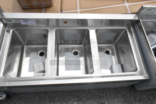 Brand new Regency 600B31014 stainless steel 3 bay sink. No legs. Slight scratches, NSF certified label visible.