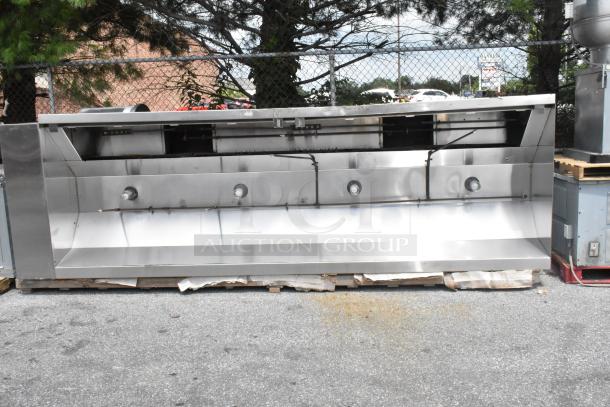 Stainless steel commercial grease hood with mushroom exhaust fan, FloAire SA15 make-up air vent, used condition.