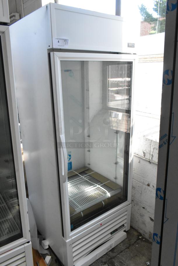 BRAND NEW 2021 True TSCI-600R-G-PH commercial cooler. Single door, poly racks, minor dents visible, 115V 1-phase.