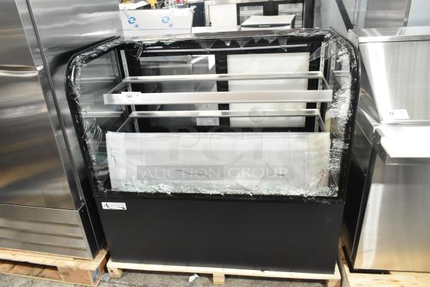 Avantco 193BC48HCB 48" refrigerated bakery display case with broken curved glass, black finish, 120V, 1 phase. Brand new.