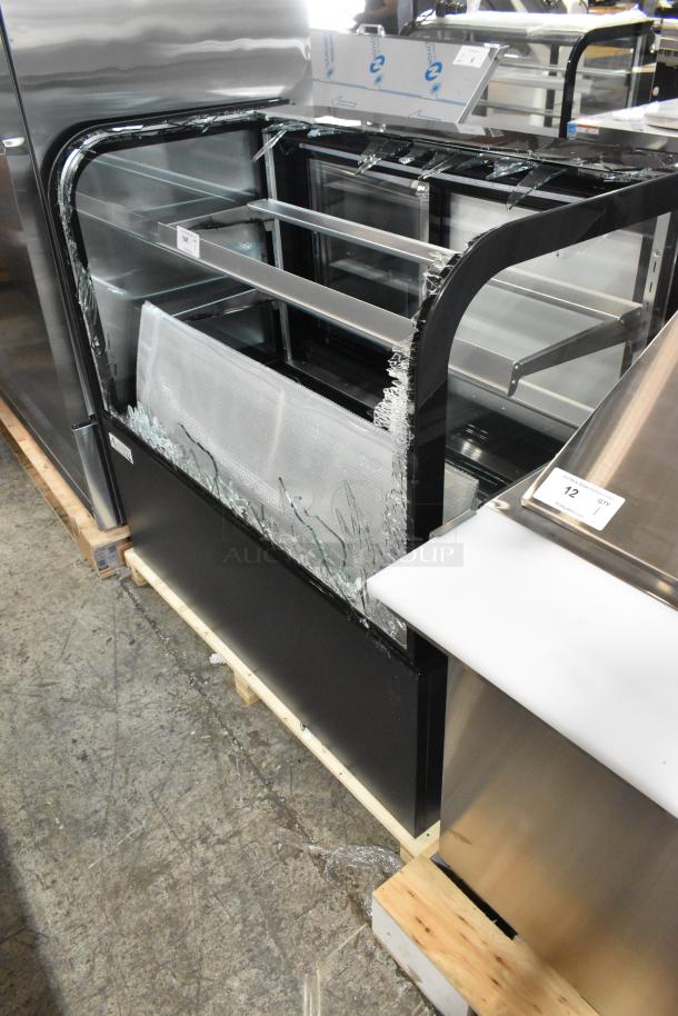 Avantco 193BC48HCB 48" curved glass refrigerated bakery display case, black, with broken glass. 120 volts, 1 phase.