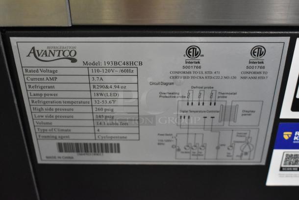 BRAND NEW Avantco 193BC48HCB 48" Black Refrigerated Bakery Display Case with curved glass. See image for specs and broken glass details.