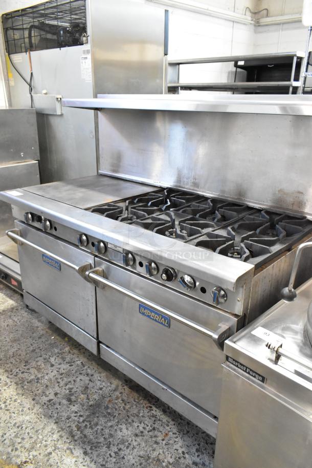 Imperial stainless steel 6-burner gas range with flat top griddle, convection oven, standard oven, overshelf, and backsplash.