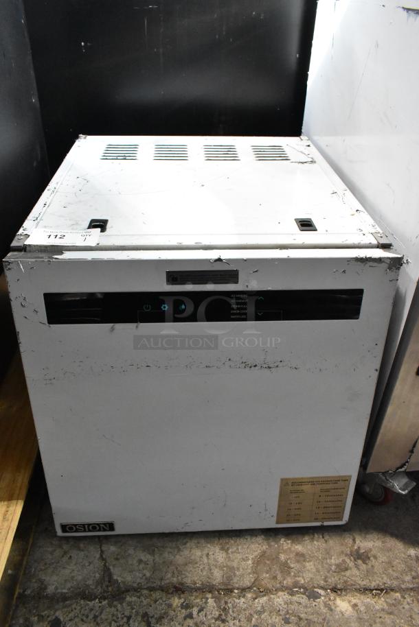 Osion OCM-350 stainless steel commercial ice head, 115 volts, 1 phase. Features control panel, slight wear visible.