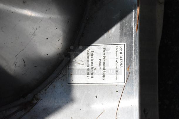 Stainless Steel Commercial Grease Hood with Mushroom Exhaust Fan, includes FloAire SA15 Filtered Make Up Air Vent. Visible label indicates job details and attachment instructions.