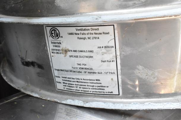 Stainless steel commercial grease hood with mushroom exhaust fan. Ventilation Direct label, Raleigh, NC. ETL certified.
