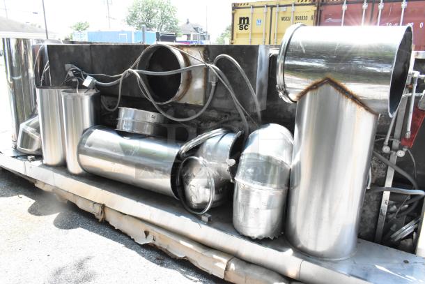 Stainless steel commercial grease hood with mushroom exhaust fan and FloAire SA15 filtered make-up air vent, used condition.