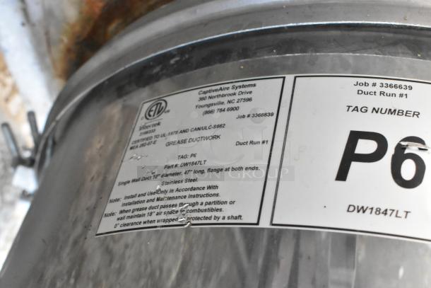 Stainless steel grease ductwork with label showing CaptiveAire Systems info, job #3366639, and part #DW1847LT.