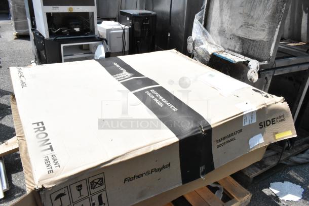 Brand new Fisher & Paykel refrigerator door panel in original packaging, visible labels indicate model 346854, box condition noted as scratch and dent.