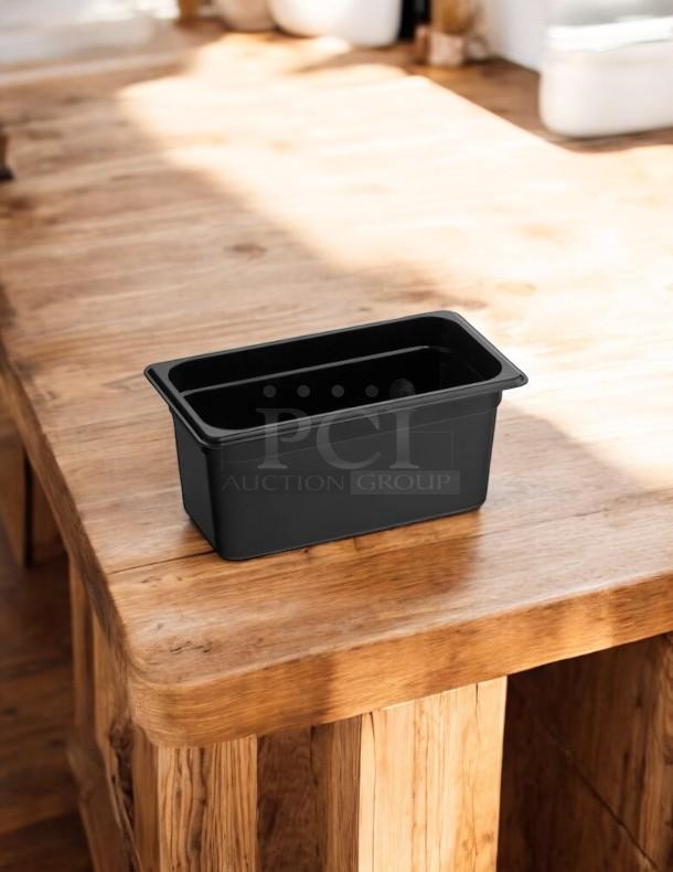 Cambro 36CW110 Camwear® 1/3 Size Black Polycarbonate Food Pan, 6" deep, excellent condition, on wooden surface.