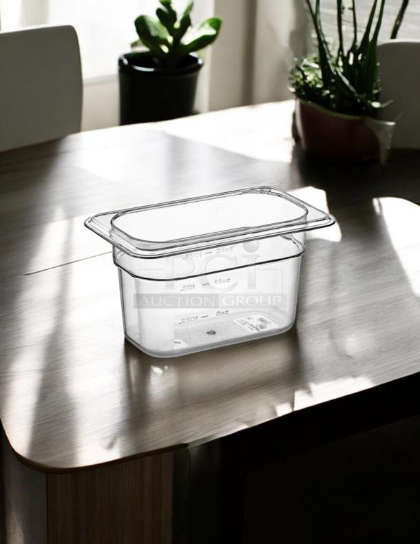 Welshine 1/9 size 4" deep clear plastic food pan, in awesome condition, with capacity markings, part of 6 pack.