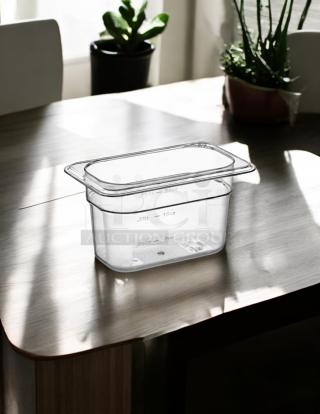 Welshine 1/9 size 4" deep clear plastic food pan, in awesome condition, with capacity markings, part of 6 pack.