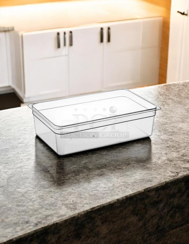 Cambro 16CW135 Camwear® full-size clear polycarbonate food pan, 6" deep, excellent condition, ideal for food storage.