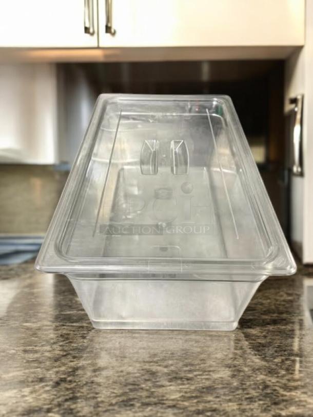Cambro 16CW135 Camwear® full size clear polycarbonate food pan, 6" deep, in excellent condition, with visible reinforcement ribs.