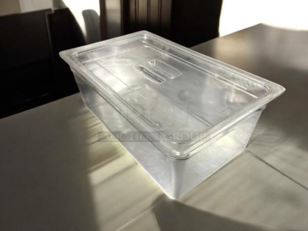 Cambro 16CW135 Camwear® clear polycarbonate food pan, full size, 6" deep, excellent condition, with lid.