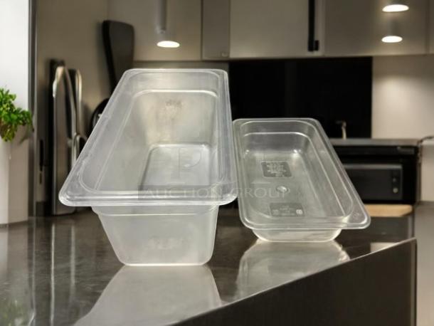Cambro clear food storage containers, 1/3 and 1/4 sizes, excellent condition, durable plastic.