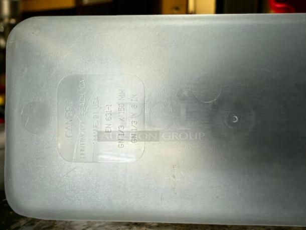 Cambro 1/3” and 1/4” size clear food storage containers, excellent condition, visible labeling indicates model and size.