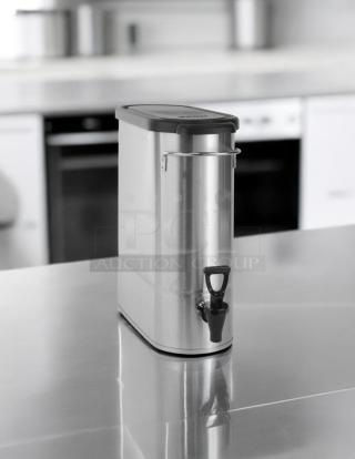 Bunn TDO-N-3.5 gallon narrow iced tea dispenser in excellent condition, stainless steel with black lid and spigot.