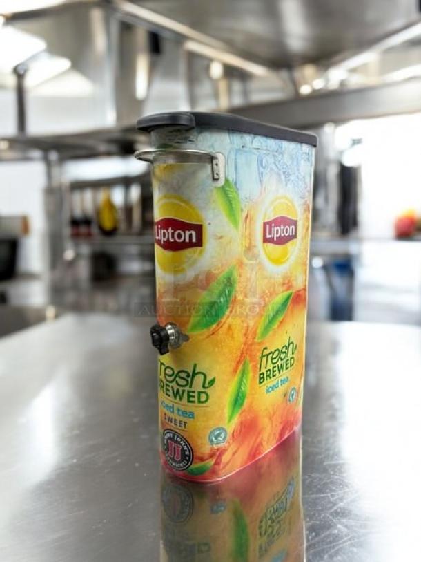 Bunn TDO-N-3.5 3.5 Gallon Iced Tea Dispenser in excellent condition, featuring Lipton branding and stainless steel build.