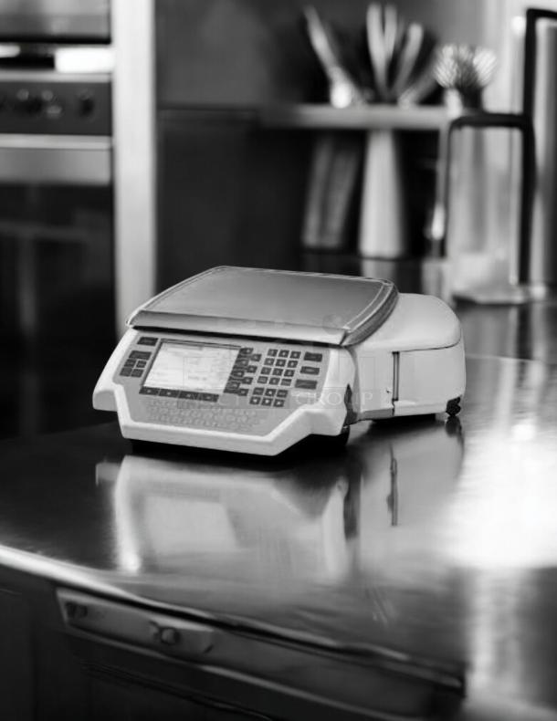 Hobart Quantum-p service scale system in excellent condition on a stainless steel surface, showing keypad and display.