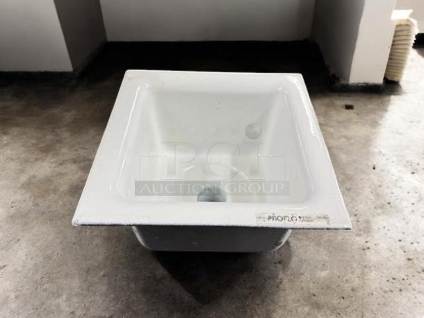 Proflo 12" x 12" enameled cast iron floor sink, model pf906k, with aluminum strainer. Excellent condition.
