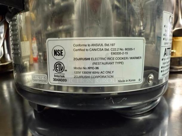 Zojirushi NYC-36 20 cup electric rice cooker in stainless steel, with labels for NSF and ETL certification. Fully tested, working.