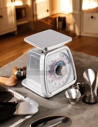 Taylor TS32 32 oz. mechanical portion control scale in great condition, fully tested, with clear dial and metallic finish.
