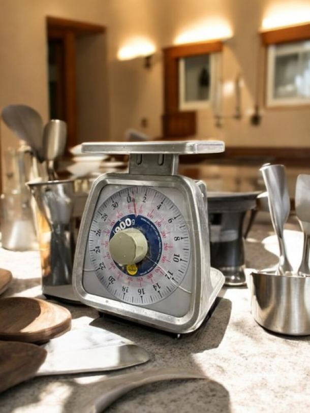 Taylor TS32 mechanical portion control scale, 32 oz. capacity, great condition, fully tested, showing clear dial.