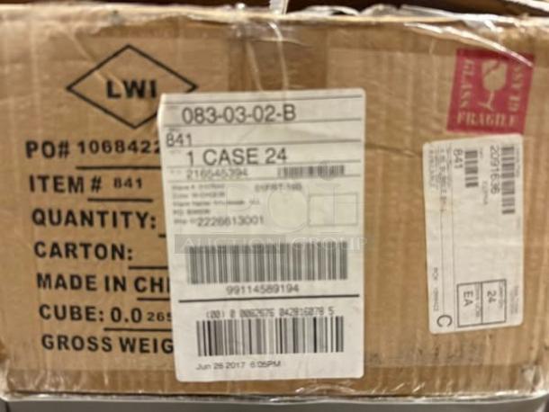 Case labeled "LWI" containing 24 clear votive candle holders, stemless goblet style, great condition, made in China.