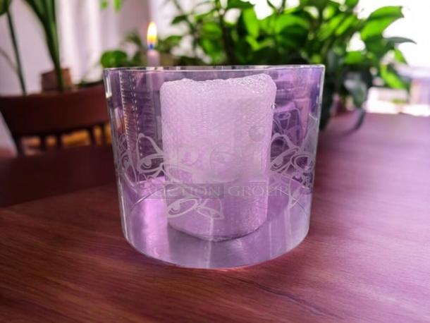 Brand new 16” W x 12” H purple Taco Bell chandelier pendant light, cylindrical design with unique etched patterns, complete set.