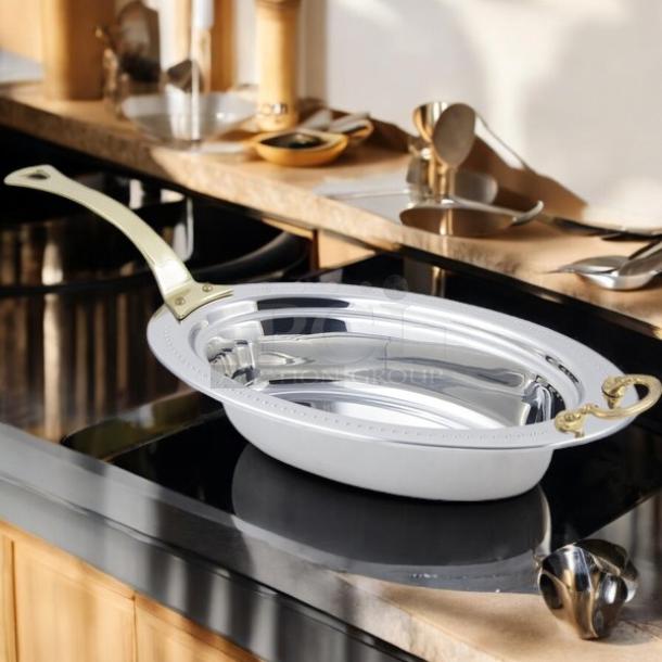Alt text: Bon Chef 5399HL oval stainless steel food pan, Bolero design, 19"x11"x4", 6 Qt, brass handle, excellent condition.