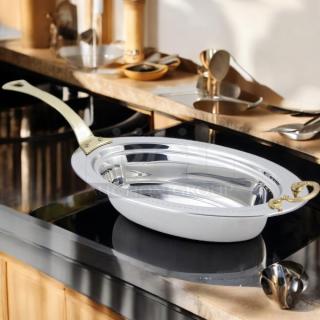 Alt text: Bon Chef 5399HL oval stainless steel food pan, Bolero design, 19"x11"x4", 6 Qt, brass handle, excellent condition.