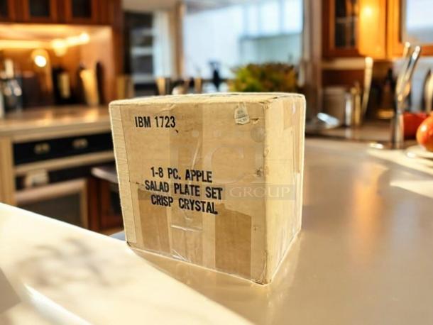 2 sealed boxes of 1-8 piece Apple Salad Plate Set, Crisp Crystal, marked "IBM 1723," in excellent condition.
