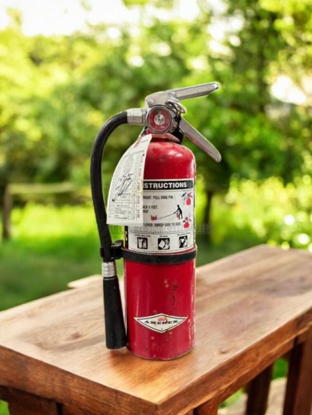 AMEREX Model A500 dry chemical fire extinguisher, red, labeled, in excellent condition, with attached instruction tag.