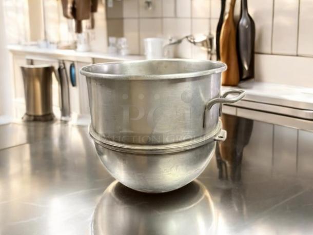 All stainless steel 30qt, 17" planetary dough mixer bowl, excellent condition, dual handles, reflective metal surface.