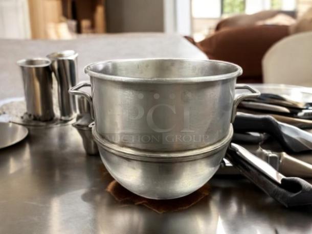 Stainless steel 30qt planetary dough mixer bowl, 17-inch diameter, in excellent condition, with dual handles, on a countertop.