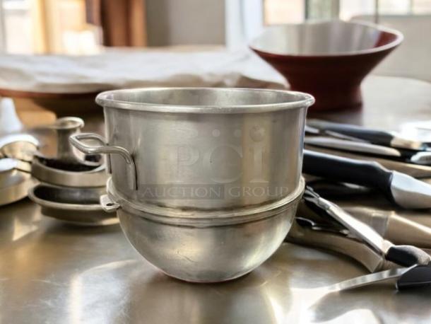 Stainless steel 30qt 17" planetary dough mixer bowl, excellent condition, smooth finish, sturdy handles for easy mobility.