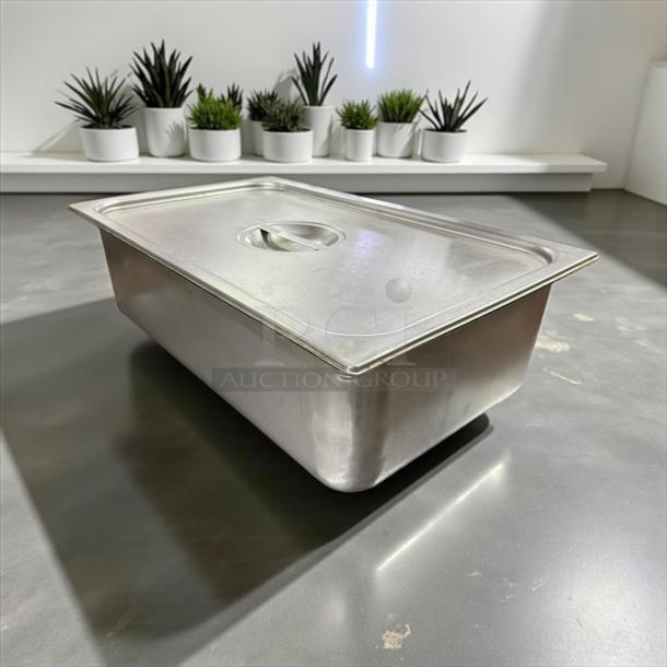 Stainless steel hotel pan with lid, full size, 6" deep, excellent condition. Suitable for catering or kitchen use.