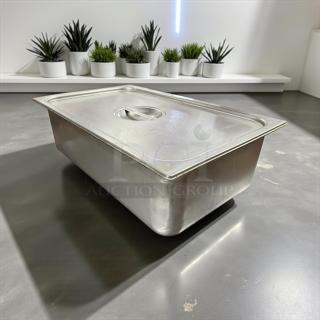 Stainless steel hotel pan with lid, full size, 6" deep, excellent condition. Suitable for catering or kitchen use.